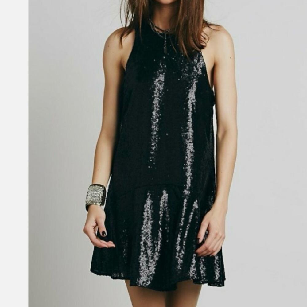 Free People Black Sequin drop waist mini Dress size XS